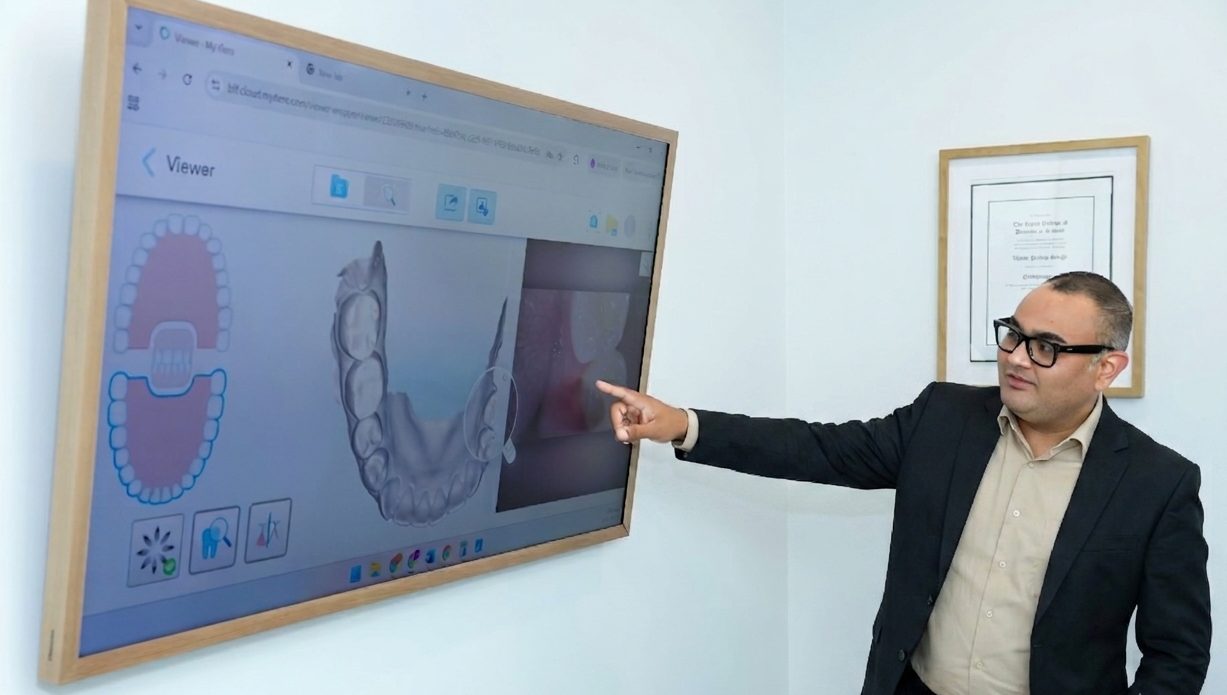 Dr. Singh walking through a personalized treatment plan on the consultation room TV